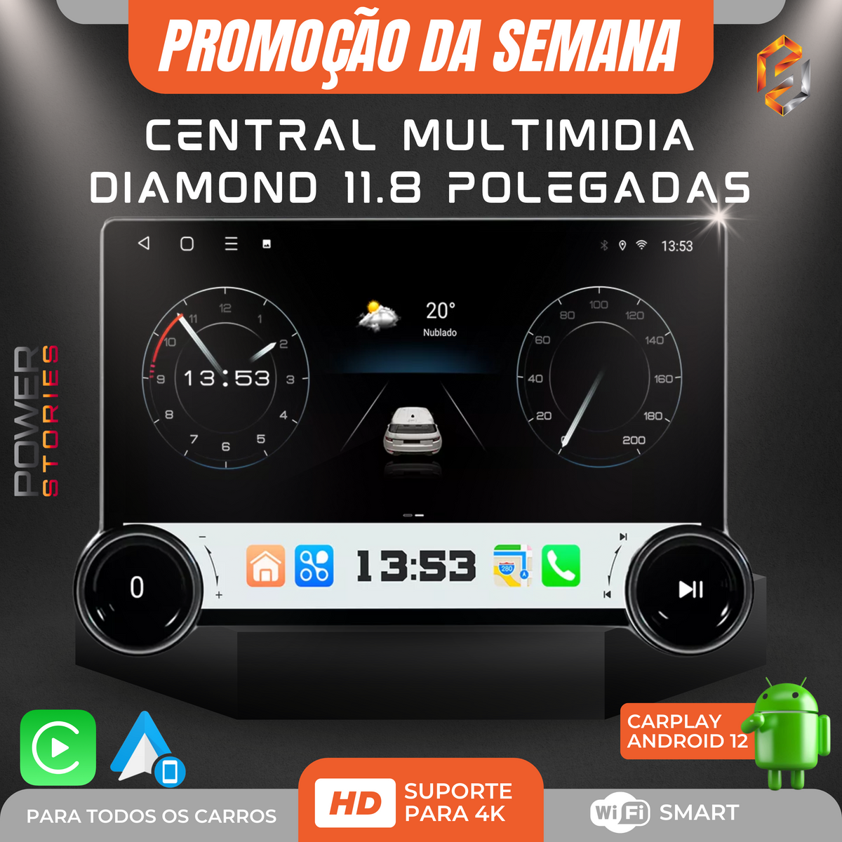 Oferta de Páscoa: CENTRAL MULTIMIDIA UNIVERSAL WIFI ANDROID 12 TELA DIAMOND TOUCH (PARA QUALQUER CARRO) + Câmera de ré